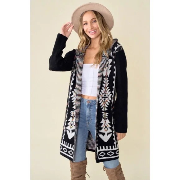 SOLD OUT Black Aztec Rainbow Western Hooded Knit Cardigan Long Sleeve Open - Picture 2 of 8